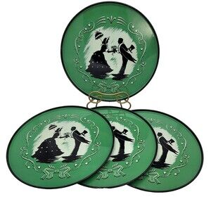 Vtg Metal Lithograph 4 Trays Platter Round Courting Victorian Couple Silhouette